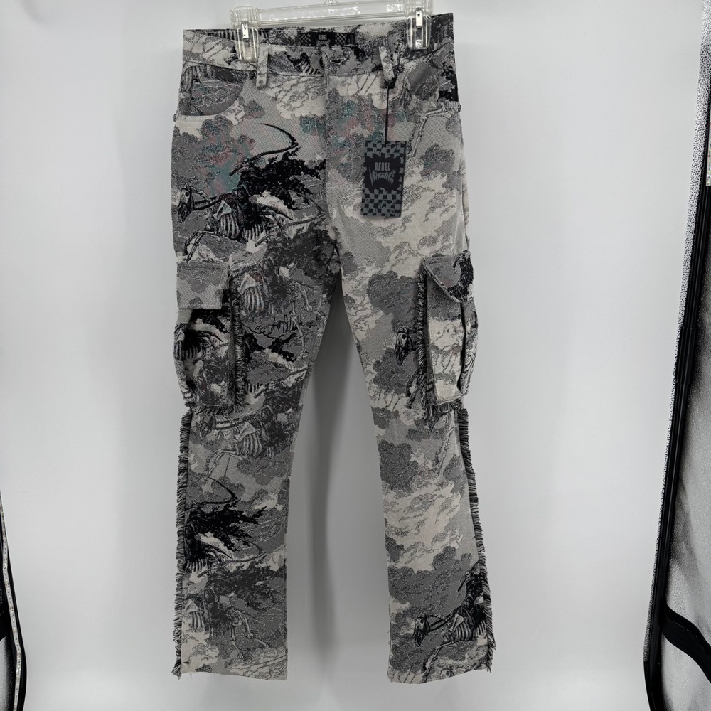 Rebel Vengeance Mens Tapestry Cargo Pants Grey Skeleton Horse Woven Jacquard 30